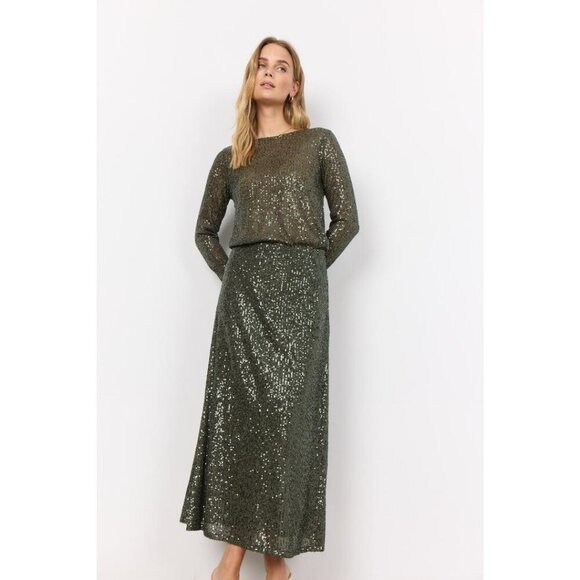 NWT SOYA CONCEPT Nanette 3 Chic Olive Green Glam Sequin Skirt - Picture 7 of 7